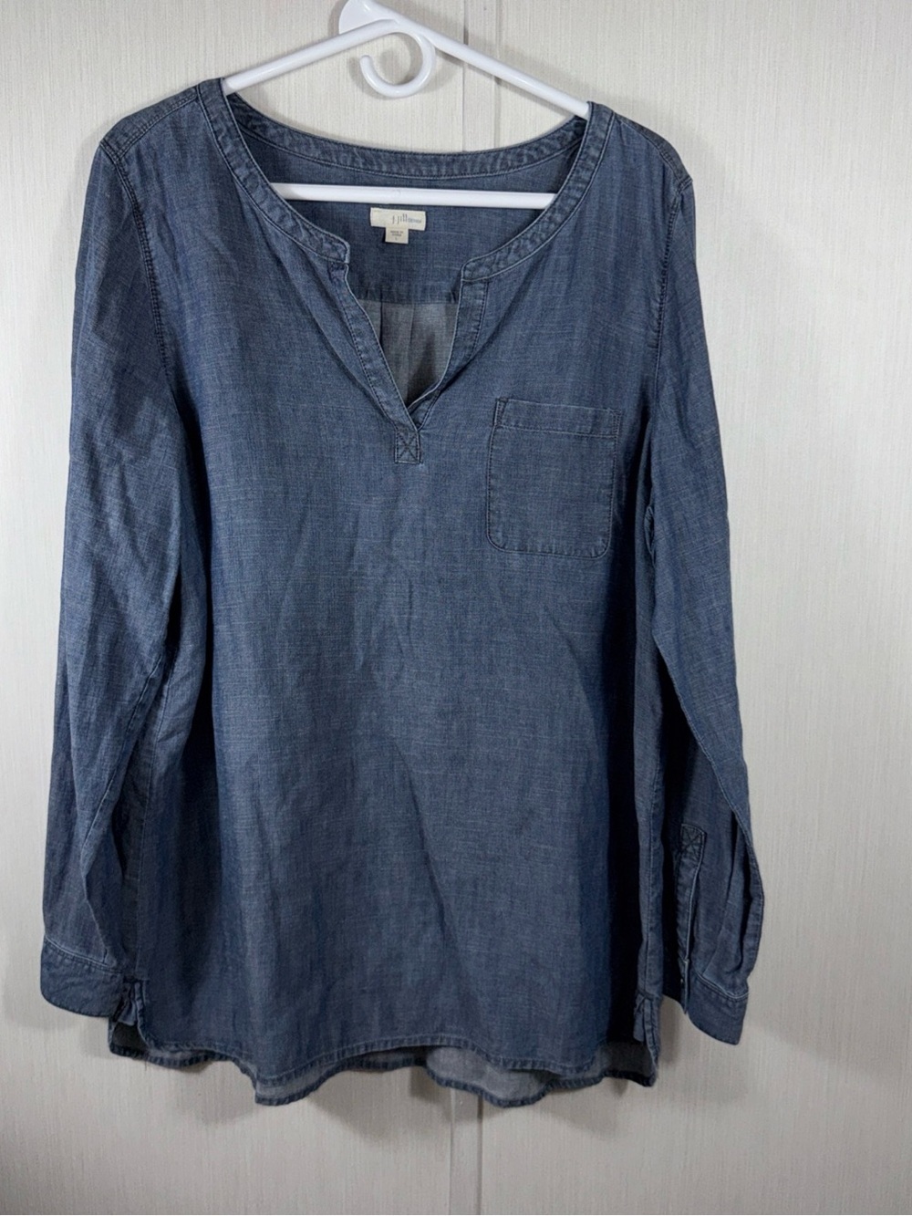 J. Jill Denim Tencel Lyocell Linen Chambray Tunic Blue L Split Neck LS Minimal